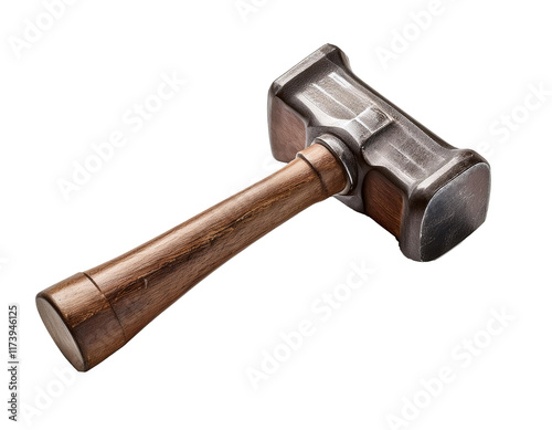 Old hammer with wooden handle lying on white background   photo