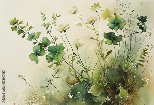 A serene illustration of delicate wildflowers and lush greenery in soft natural hues
