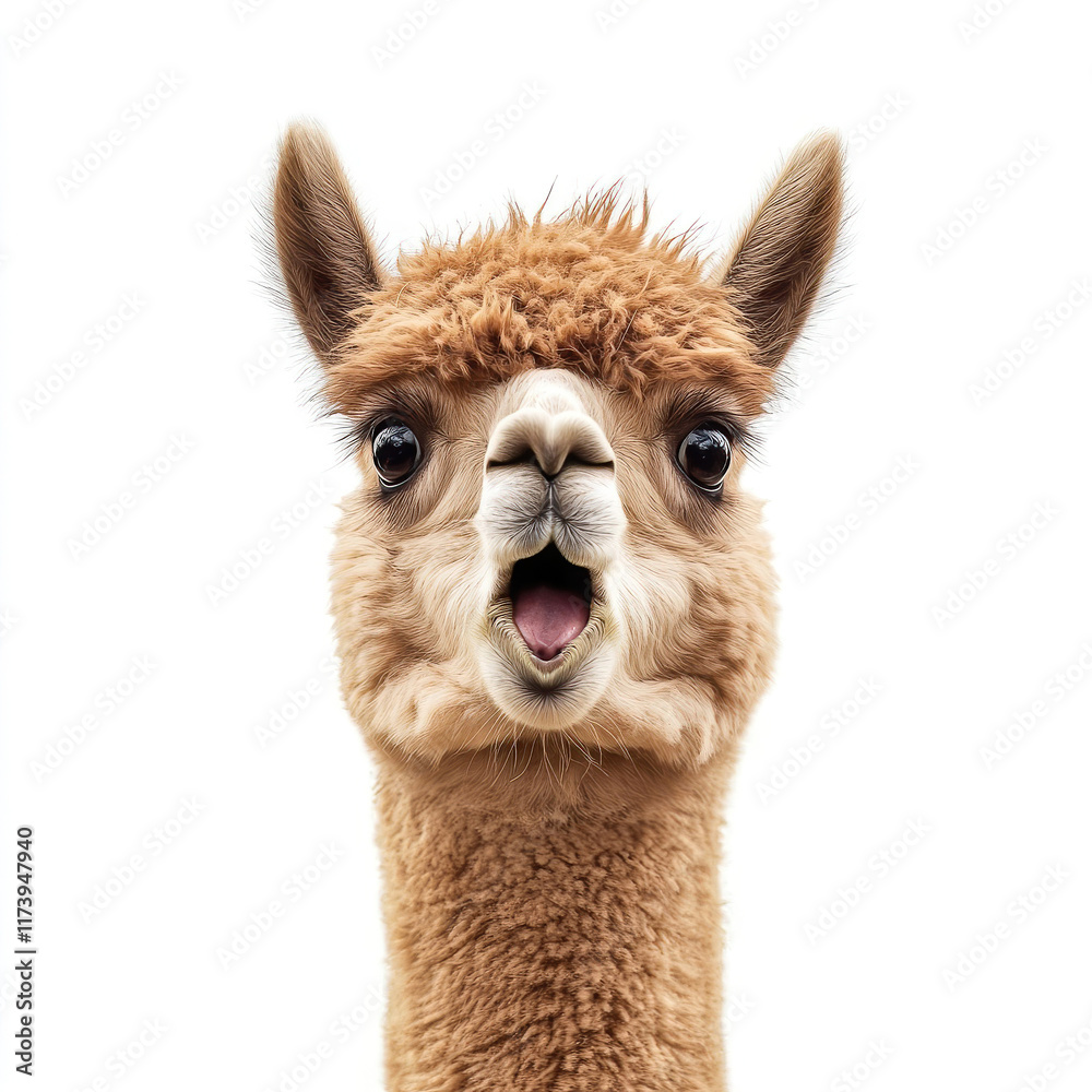 Obraz premium Alpaca with wide open mouth on isolated white background. Big discounts, surprise, news, raffle concept. Generated AI