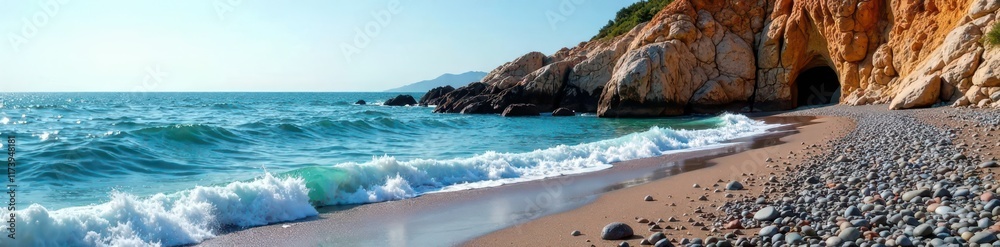 Obraz premium Rocky coastline with rugged cliffs and pebbles, black sea coast rocky cliff, shoreline, waves