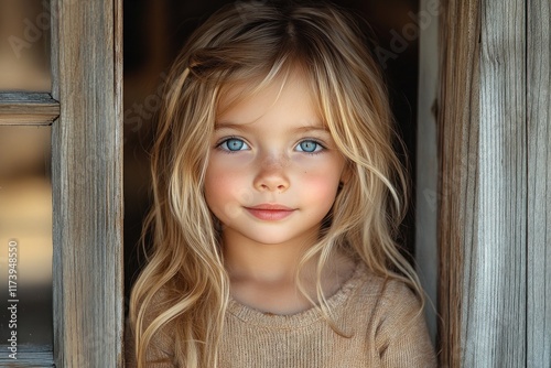 Playful little girl in doorway spreading legs in cozy indoor setting