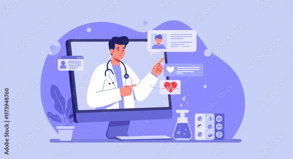 A flat illustration of a doctor appearing on a computer screen engaging in a virtual consultation A flat illustration of a doctor appearing on a computer screen engaging in a virtual consultation