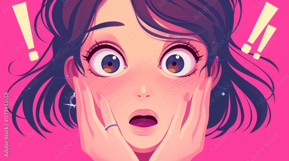Comic love vector illustration of a surprised woman’s face, emotional expression, pop art style, shocked and amazed, bold lines Comic love vector illustration of a surprised woman’s face, emotional expression, pop art style, shocked and amazed, bold lines