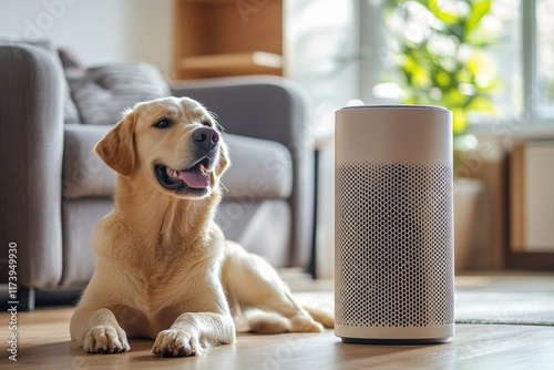 Golden retriever resting beside modern air purifier in a cozy living room filled with natural light