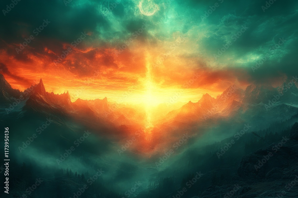Fototapeta premium Majestic sunrise over misty mountains with vibrant colors illuminating the sky at dawn