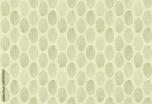 Repeating seamless pattern of many nerve plant's (Fittonia argyroneura) leaves on light green textured paper background. Natural foliate pattern design, high resolution full frame background.
