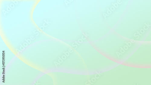Transparent, curved, overlapping and colorful shapes on a bright background with light blue to light green color gradient. High resolution full frame abstract and modern background with copy space.