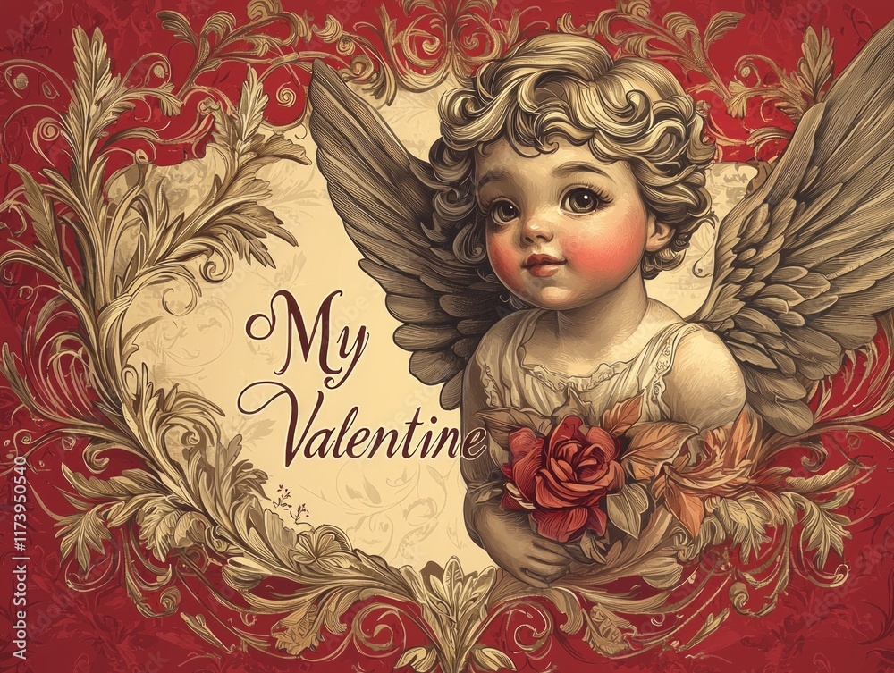 Intricate Valentine39;s Day card showcases charming cupid illustration in faded red and gold tones surrounded detailed lace patterns and phrase My Valentine in elegant script. Intricate Valentine39;s Day card showcases charming cupid illustration in faded red and gold tones surrounded detailed lace patterns and phrase My Valentine in elegant script.