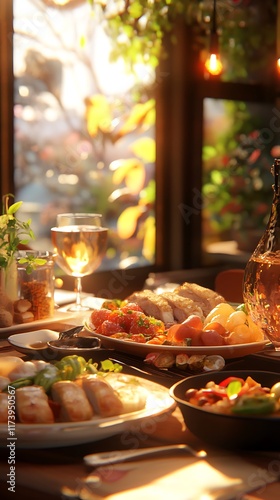A beautifully arranged table with an array of delicious dishes and drinks in a cozy setting.