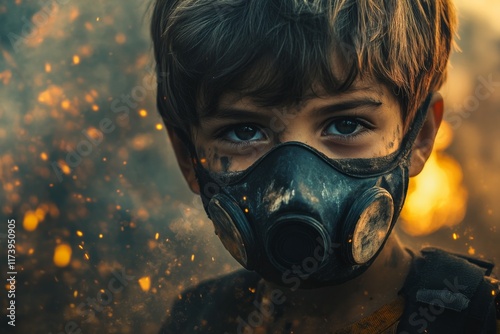 Young boy wearing a gas mask amid smoke and flames during a chaotic situation in an outdoor environment photo