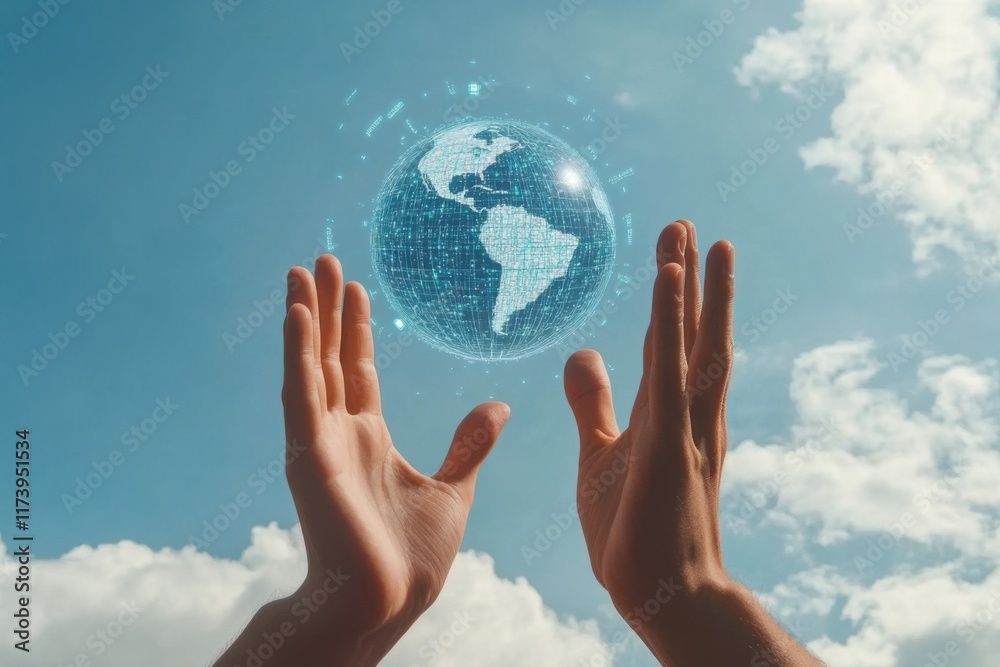 Hands reaching out to a digital representation of the Earth against a blue sky Hands reaching out to a digital representation of the Earth against a blue sky