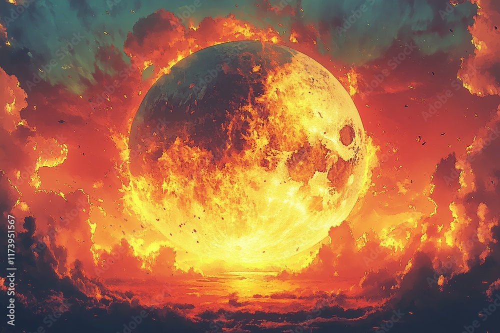Fiery celestial event with a massive blaze surrounding the moon during a dramatic dusk sky Fiery celestial event with a massive blaze surrounding the moon during a dramatic dusk sky