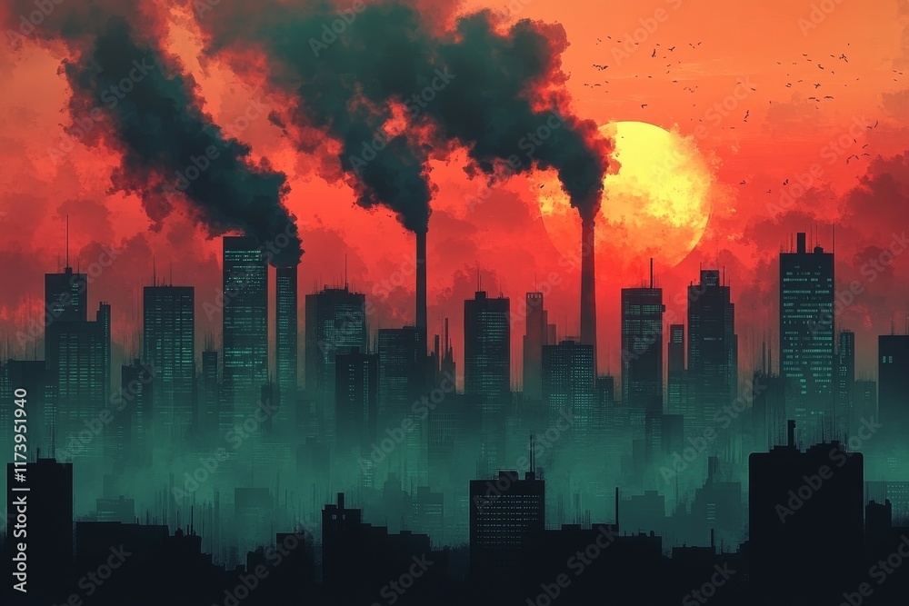 Fototapeta premium Industrial skyline under a fiery sunset with smog billowing from chimneys