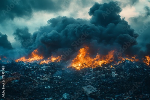 Fire and smoke engulf a landfill under a cloudy sky during a hazardous waste burning event photo