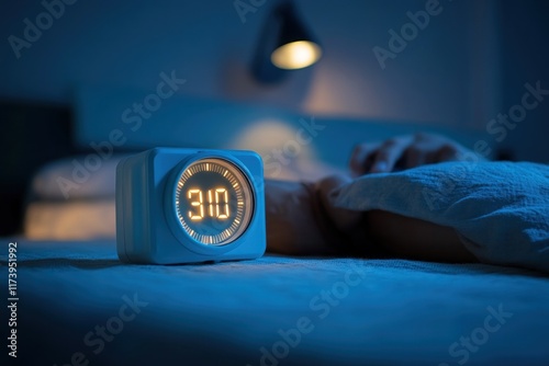 insomniac woman awake in bed at night clock showing three am anxiety and stress in a dark bedroom scene photo