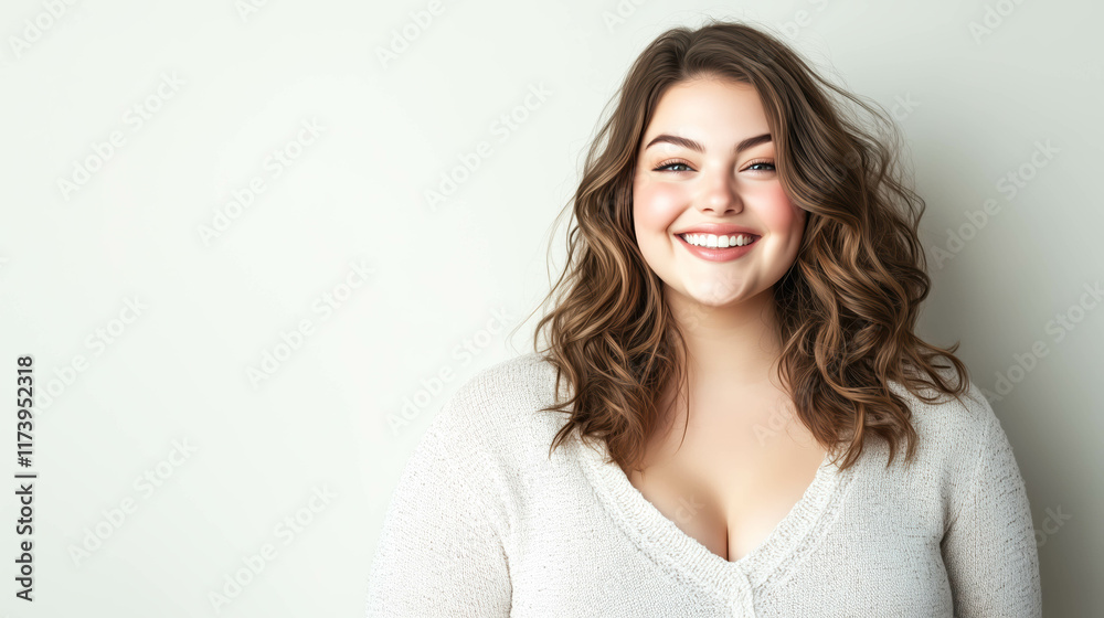 Studio portrait of beautiful brunette plus-size woman, smiling, exuding positivity, confidence. dressed in modern, stylish clothing, with hair and makeup elegantly done. copyspace, light background Studio portrait of beautiful brunette plus-size woman, smiling, exuding positivity, confidence. dressed in modern, stylish clothing, with hair and makeup elegantly done. copyspace, light background