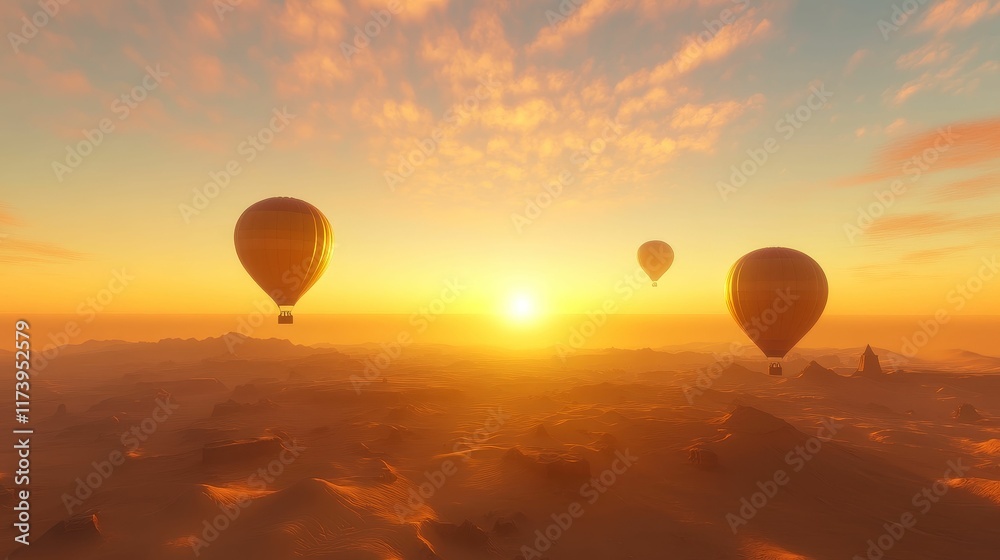 Naklejka premium Three hot air balloons soar above a desert sunset.