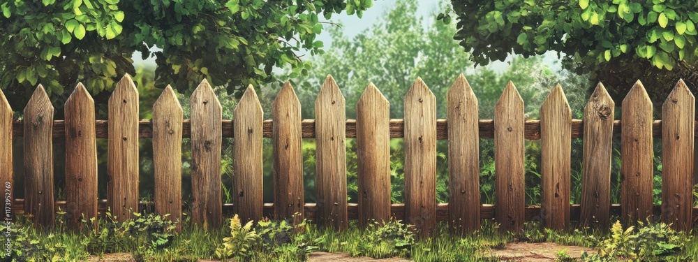 Wooden barriers define a growing area surrounded by lush greenery in a vibrant outdoor setting Wooden barriers define a growing area surrounded by lush greenery in a vibrant outdoor setting