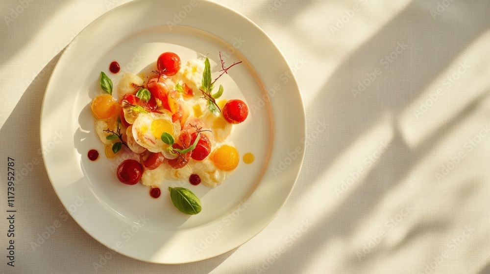 Artisan dish on white table with taupe background