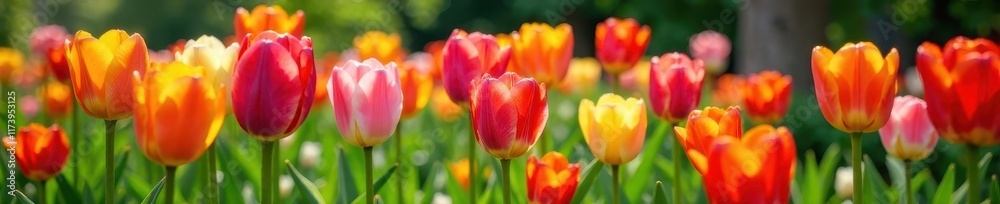 Colorful tulips blooming in a garden with vibrant flowers and lush greenery, colorful blooms, outdoor garden, garden decor
