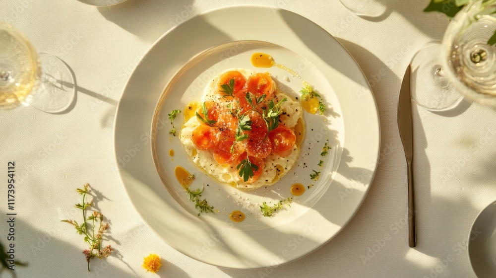 Artisan dish on white table with taupe background Artisan dish on white table with taupe background