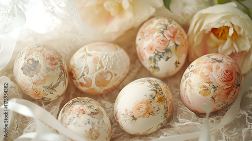 Ornate artisan Easter eggs with intricate floral designs rest on lace, showcasing Rococo elegance and the beauty of spring with soft hues and delicate details. photo