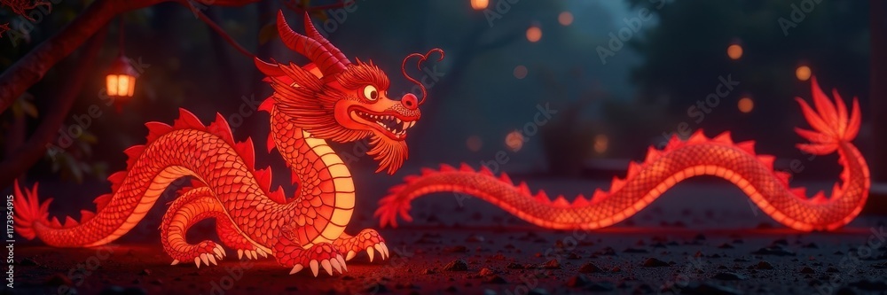 Obraz premium Intricate red dragon lantern, glowing warmly against dark background, art, Chinese culture