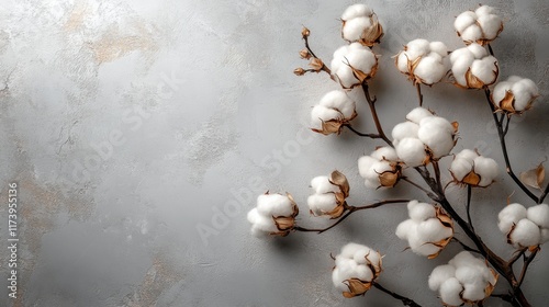 Close-up of cotton flower branch on pastel grey wall background. Organically shaped cotton flowers in background with copy space. photo