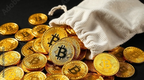 Bitcoin Gold Coins Spilling from Canvas Bag, Financial Concept photo