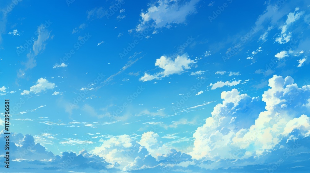 Obraz premium Day sky with clouds in anime style, soft and peaceful background, bright blue sky, fluffy clouds, serene atmosphere, anime landscape, tranquil, cartoon-inspired, anime backdrop