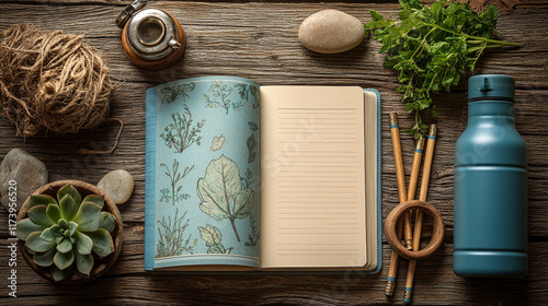 daily planner botanical illustrations lies open on wooden table. Fresh herbs succulent and reusable water bottle surround it creating serene eco inspired workspace. photo