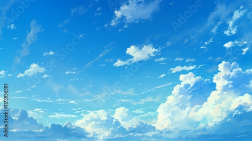 Day sky with clouds in anime style, soft and peaceful background, bright blue sky, fluffy clouds, serene atmosphere, anime landscape, tranquil, cartoon-inspired, anime backdrop 