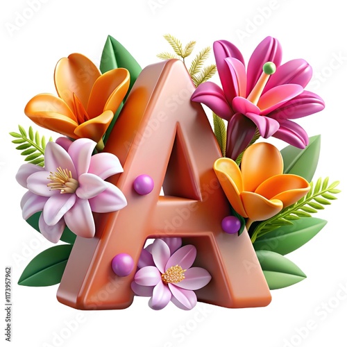 Letter A surrounded by colorful amaryllis flowers and green leaves, vibrant decoration concept