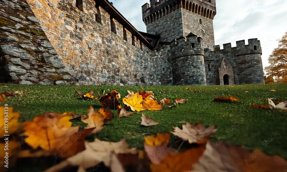 A stone castle surrounded by autumn leaves on the ground.
