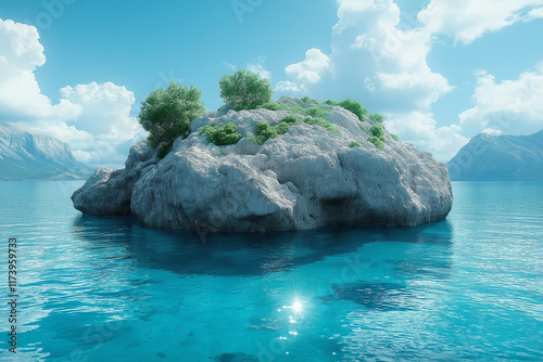 Photo réaliste d’un îlot rocheux émergeant des mers turquoise, avec la lumière du soleil scintillant à la surface de l’eau photo