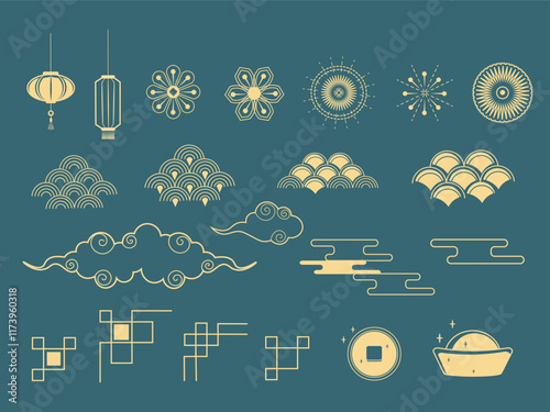 A collection of Asian traditional decorative elements and symbols in golden outlines. Lanterns, fireworks, corner frames, fish scales, clouds, golden bar, coin, sakura flowers.