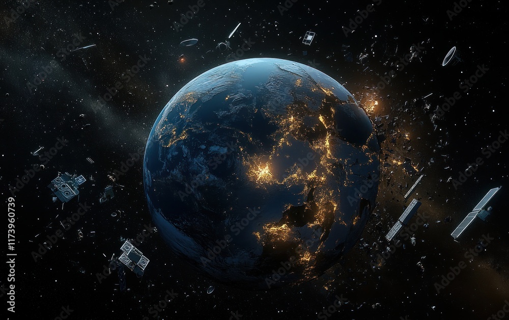 Obraz premium Illustration of Earth's Orbit Pollution by Space Debris Satellites and Junk in High Quality Digital Space Art