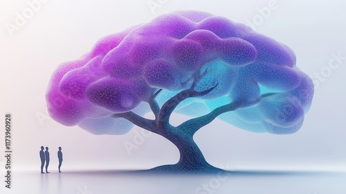 A surreal tree with an AI brain-shaped canopy and glowing branches stands tall as people gather below, symbolizing knowledge, wisdom, and the interconnected nature of consciousness and growth..