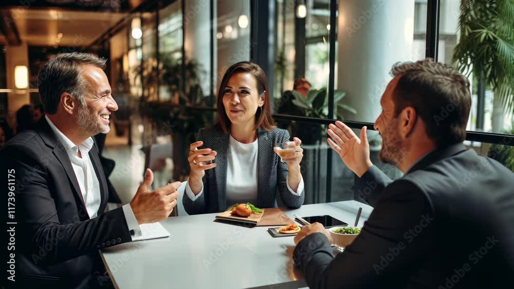 Three professionals engage in a lively business discussion at a modern cafe during the afternoon, exchanging ideas and enjoying a productive meeting Three professionals engage in a lively business discussion at a modern cafe during the afternoon, exchanging ideas and enjoying a productive meeting