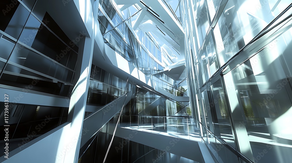 Obraz premium A modern architectural interior featuring glass structures and dynamic lines.