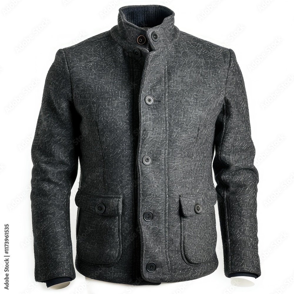 Stylish dark gray men's buttoned jacket with two pockets, ideal for fall or winter.