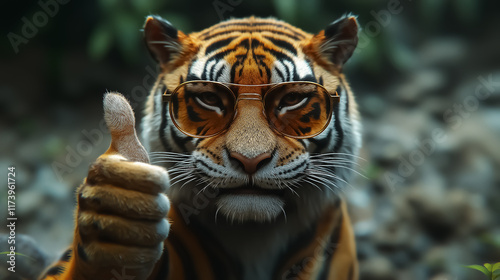 Vibrant and playful tiger giving a thumbs up, perfect for wall art, posters, and social media content promoting wildlife conservation and positivity.