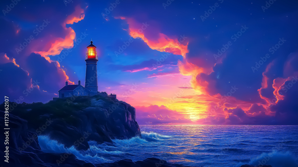 Vibrant sunset at a lighthouse illuminating the coast, perfect for wall art, posters, and serene background decoration showcasing nature's beauty. Vibrant sunset at a lighthouse illuminating the coast, perfect for wall art, posters, and serene background decoration showcasing nature's beauty.
