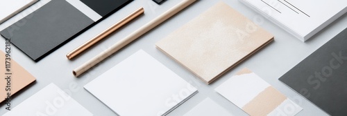 Minimalist flat lay showcasing diverse branding assets and visual identity elements for modern businesses