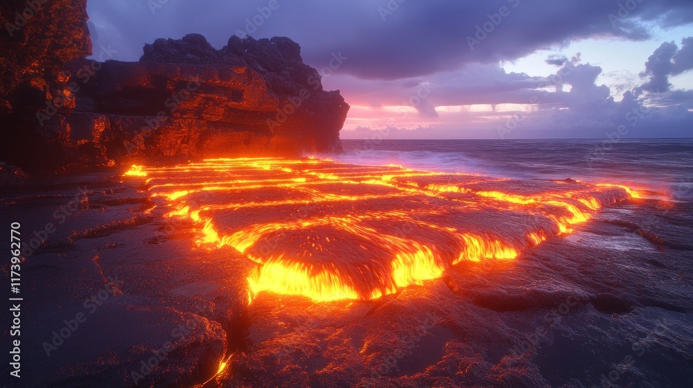 Fototapeta premium A dramatic lava flow meets the ocean at sunset, showcasing nature's raw power and beauty.