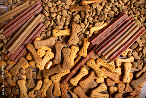 dog food variety. Dry dog food pellets for background