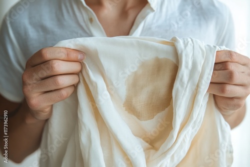 Asian woman holding wrinkled shirt with stain in natural light checking for dirt before laundry photo