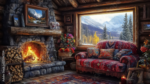 Cozy rustic cabin interior with vibrant couch and stunning mountain view, perfect for wall art, wallpaper, and home decoration.