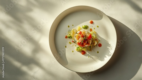 Artisanal dish on immaculate white table with taupe background