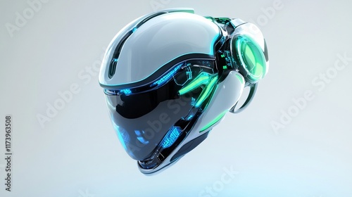 Futuristic white helmet with glowing cyan accents. photo